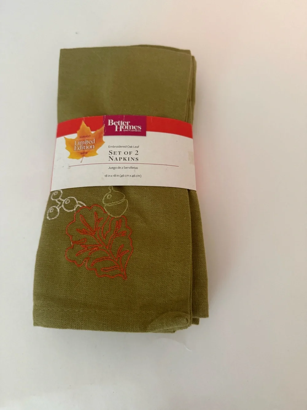 Better Homes And Gardens Olive Green Embroidered Fall Leaf Napkins Set of 2